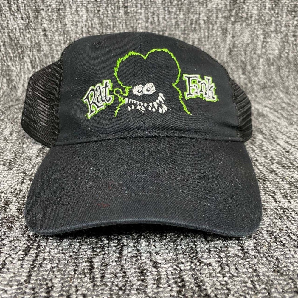 Vintage Rat Fink Trucker Hat Kids OSFA Black Green Embroidered Mesh Snapback Cap